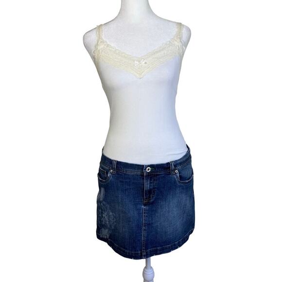 Tommy Hilfiger Vtg Y2K Denim Mini Skirt Floral Printed Stone Washed Coconut girl - Picture 2 of 16